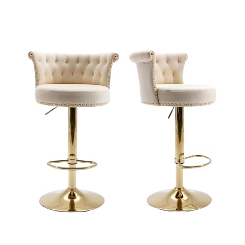 Elegant Barstuhl 2er Set drehbar höhenverstellbar mit Fußstütze und gepolstertem Sitz aus Samtstoff für Esszimmer Küche Wohnzimmer Lounge Empfangsbereich Party Metallrahmen goldener Standfuß (Beige) von WEALTHKING