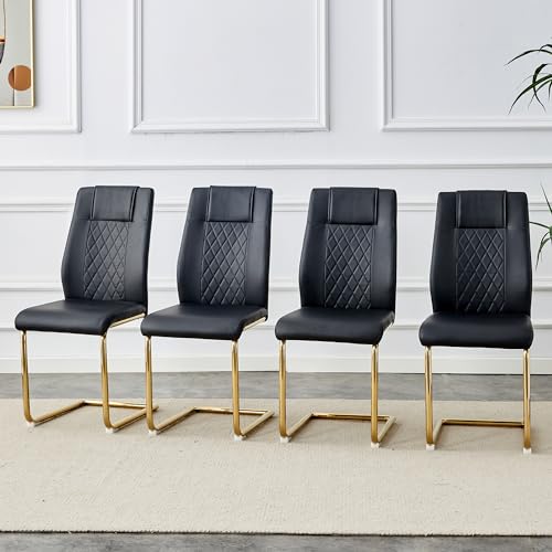 Esszimmerstühle Set 4,moderner skandinavischer Stil,PU‑Leder mit diamantförmiger Steppung,ergonomische Rückenlehne,breites Sitzkissen,stabile glänzende Metallbeine,rutschfeste Füße (Schwarz+Gold) von WEALTHKING