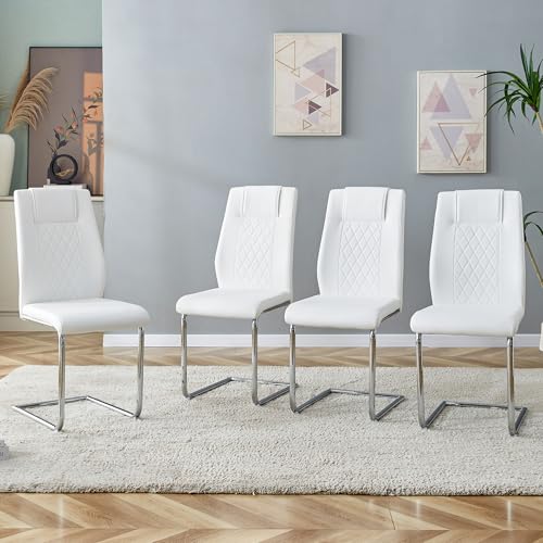 Esszimmerstühle Set 4,moderner skandinavischer Stil,PU‑Leder mit diamantförmiger Steppung,ergonomische Rückenlehne,breites Sitzkissen,stabile glänzende Metallbeine,rutschfeste Füße (Weiß+Silber) von WEALTHKING