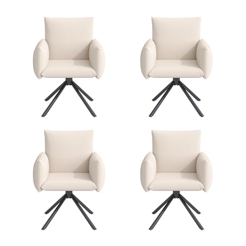 Esszimmerstuhl Set mit 360° Drehfunktion und bequemen Armlehnen, moderner gepolsterter Drehsessel mit 4 stabilen Metallbeinen, ergonomischer Rückenlehne und 10 cm dickem Sitzkissen (Beige+Leinen,4) von WEALTHKING