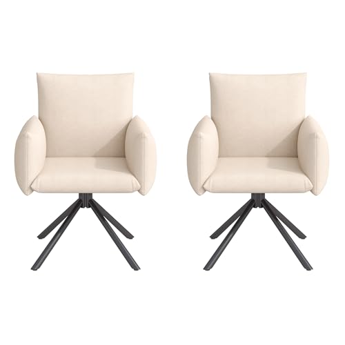 Esszimmerstuhl Set mit 360° Drehfunktion und bequemen Armlehnen, moderner gepolsterter Drehsessel mit 4 stabilen Metallbeinen, ergonomischer Rückenlehne und 10 cm dickem Sitzkissen (Beige+Samt,2) von WEALTHKING
