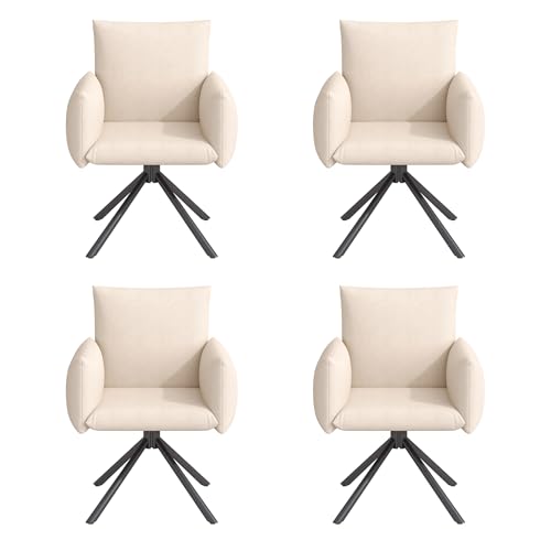 Esszimmerstuhl Set mit 360° Drehfunktion und bequemen Armlehnen, moderner gepolsterter Drehsessel mit 4 stabilen Metallbeinen, ergonomischer Rückenlehne und 10 cm dickem Sitzkissen (Beige+Samt,4) von WEALTHKING