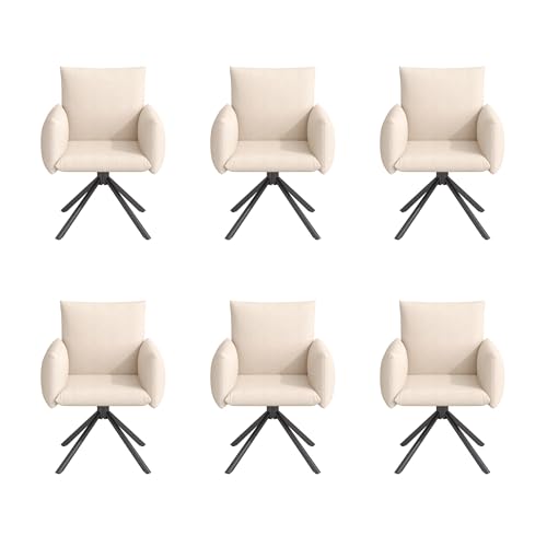 Esszimmerstuhl Set mit 360° Drehfunktion und bequemen Armlehnen, moderner gepolsterter Drehsessel mit 4 stabilen Metallbeinen, ergonomischer Rückenlehne und 10 cm dickem Sitzkissen (Beige+Samt,6) von WEALTHKING