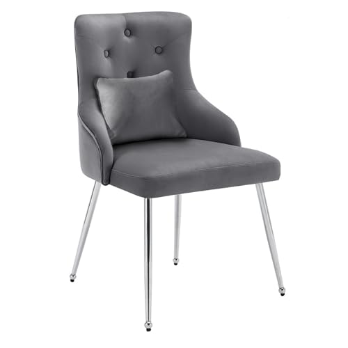 Esszimmerstuhl mit Rückenlehne im modernen Design, gepolsterter Loungesessel mit weichem Samtstoff, ergonomischer Sitz mit S-Federung und Knopfverzierung, Metallbeine mit Fußkappen (Grau,1) von WEALTHKING