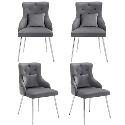 Esszimmerstuhl mit Rückenlehne im modernen Design, gepolsterter Loungesessel mit weichem Samtstoff, ergonomischer Sitz mit S-Federung und Knopfverzierung, Metallbeine mit Fußkappen (Grau,4) von WEALTHKING