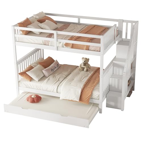 Etagenbett mit Treppe und Regalfunktion aus massivem Kiefernholz und MDF, ausgestattet mit ausziehbarem Rollbett, hoher Sicherheitsgeländer, inklusive Treppenregal mit Stauraum (Weiß,140x200cm) von WEALTHKING