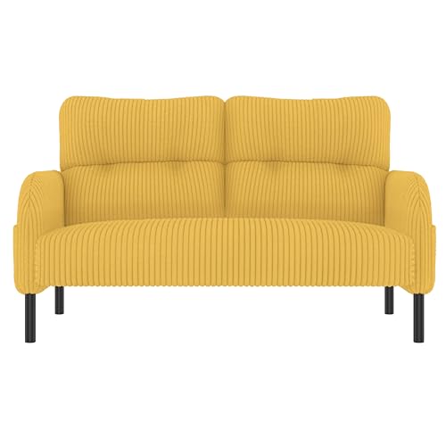 Flexibles 3‑teiliges Cord‑Polstermöbel‑Set mit Zweisitzer, Sessel und Hocker, ergonomischer Rückenstütze, praktischen Seitentaschen und robustem Metallrahmen für Wohnzimmer (Gelb,2-Sitzer Sofa) von WEALTHKING