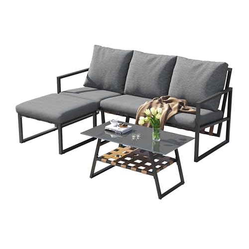 Gartenmöbel Set aus verzinktem Stahlrohr mit Sofa, Fußhocker und Couchtisch, PU-Webrückenlehne, gehärtete Glasplatte, hohe Rückenlehne, dick gepolsterte Sitzfläche, wetterfest, rostbeständig von WEALTHKING