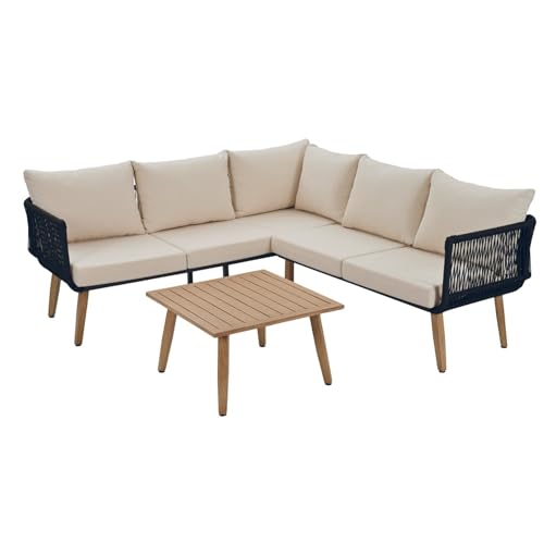 Gartenmöbel Set mit Sofa und Couchtisch, verzinktem Stahlrahmen, handgeflochtenem Seildesign, wetterfestem Kunststoff-Holz-Tisch, UV-beständigem Olefin-Bezug, starker Belastbarkeit, modernem Outdoor von WEALTHKING