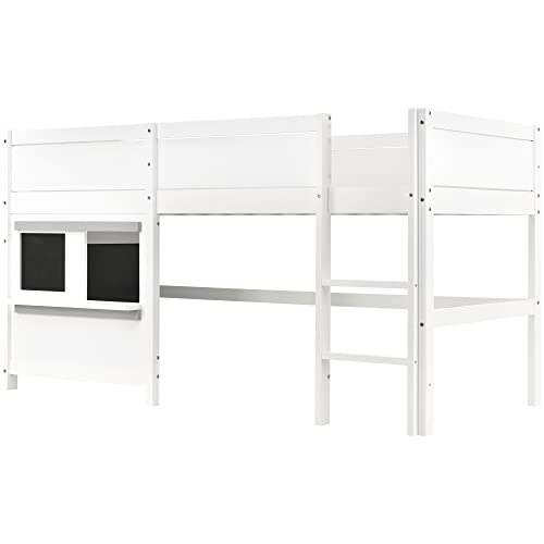 Hausbett Spielbett Etagenbett mit Tafel beidseitig beschreibbar und kleiner Ablage aus massivem Kiefernholz im skandinavischen Stil mit dreistufiger Treppe und umlaufendem Fallschutz (weiß,90x200cm) von WEALTHKING