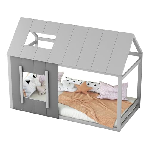 Hausbett mit Dach und Fenster,Einzelbett aus massivem Kiefernholz und MDF,modernes Design Flachbett im Hausstil,offenes Konzept zur Dekoration,stabiler Rahmen mit 8 Lattenrosten (Grau,90x200cm) von WEALTHKING