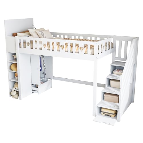 Hochbett Kinderbett mit Stauraumleiter und Regalen, klappbarer Stauschrank, Geländer in Herzform, stabil aus Kiefernholz und MDF, multifunktional mit Freiraum unter dem Bett (Weiß,90x200cm) von WEALTHKING