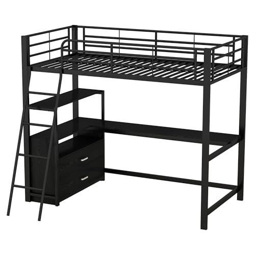 Hochbett Metallrahmen mit stabilem L-förmigem Schreibtisch MDF Holzplatten integrierte Schubladen Stauraum Ablagefächer Arbeitsbereich platzsparendes Design Leiter Geländer (Schwarz,90x200cm) von WEALTHKING