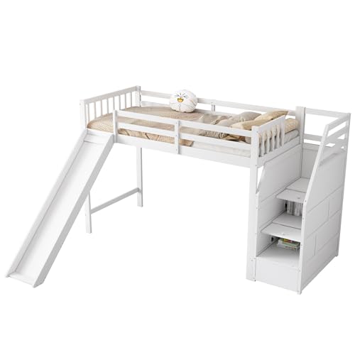 Hochbett mit Rutsche und Treppenleiter mit integrierten Staufächern,Massivholz Kiefer+MDF, sicheres bett mit Spiel- und Stauraumfunktion, platzsparendes Design ohne Matratze (Weiß,90x200cm) von WEALTHKING