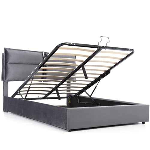 Hydraulisch Doppelbett Polsterbett mit Stauraum & verstellbarem Kopfteil, modernes Bettgestell aus Samt & Metallrahmen inkl.großer Bettkasten,Komfort-Rückenkissen (Grau Ohne Matratze,140x200cm) von WEALTHKING