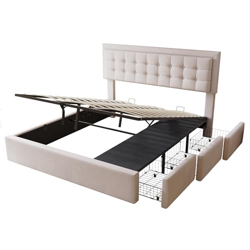 Hydraulisch verstellbares Bett mit gepolstertem Kopfteil, Leinen-Oberfläche, großzügiger Innenaufbewahrung, praktischem Lattenrost und drei funktionalen Metall-Schubladeneinsätzen (Beige,160x200cm) Hydraulisch verstellbares Bett mit gepolstertem Kopfteil, Leinen-Oberfläche, großzügiger Innenaufbewahrung, praktischem Lattenrost und drei funktionalen Metall-Schubladeneinsätzen (Beige,160x200cm) von WEALTHKING