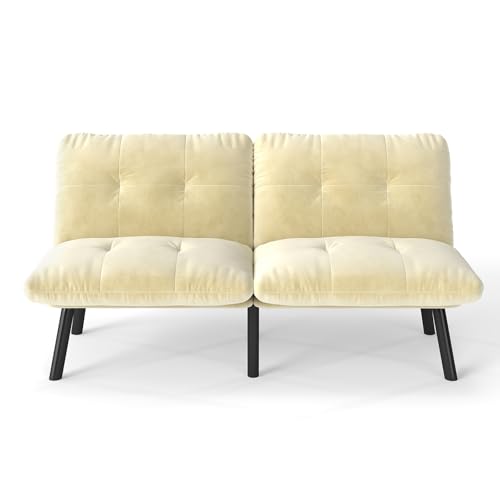 Klappbares 2‑Sitzer‑Sofa‑Bett mit Schlaffunktion – modernes Futon‑Sofa verwandelt sich in Lounge‑Sessel oder Gästebett,vielseitige Couch mit Metallrahmen und weicher Schaumstoffpolsterung (Creme) von WEALTHKING