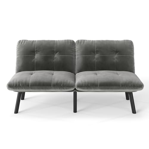 Klappbares 2‑Sitzer‑Sofa‑Bett mit Schlaffunktion – modernes Futon‑Sofa verwandelt sich in Lounge‑Sessel oder Gästebett,vielseitige Couch mit Metallrahmen und weicher Schaumstoffpolsterung (Grau) von WEALTHKING