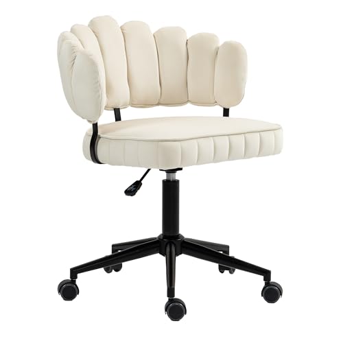 Komfortabler Drehstuhl mit weichem Samtbezug und ergonomischer Blütenblatt-Rückenlehne,höhenverstellbarer Schreibtischstuhl mit 360° Drehfunktion,Schaumstoffpolsterung,Metallfuß mit Rollen (Beige) von WEALTHKING