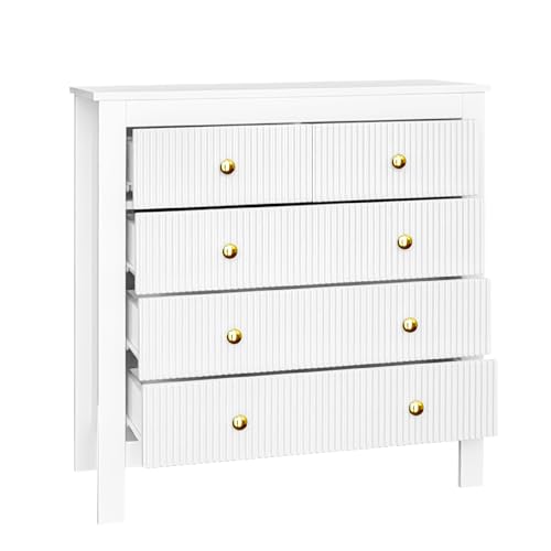 Kommode mit 5 Schubladen und goldfarbenen Griffen, modernes Sideboard mit strukturierter Front,Mehrzweck-Schrank für Schlafzimmer Wohnzimmer Flur,Stauraum Möbel mit verdickten Beinen Design (Weiß) von WEALTHKING