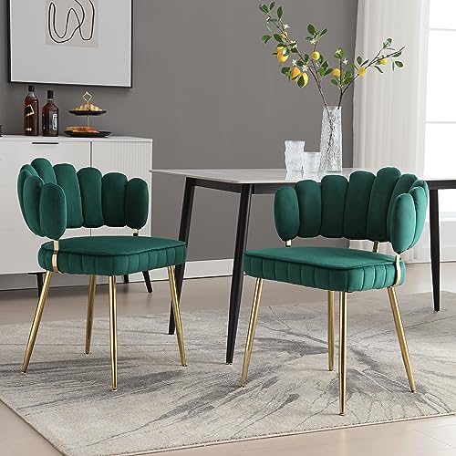 Luxuriöser Polsterstuhl 2er Set für Esszimmer und Arbeitszimmer, weicher Samtstuhl mit elegantem blütenblattförmigem Rückenlehnen‑Design, gepolsterter Sitz mit elastischem Schaumstoff (Smaragd) von WEALTHKING
