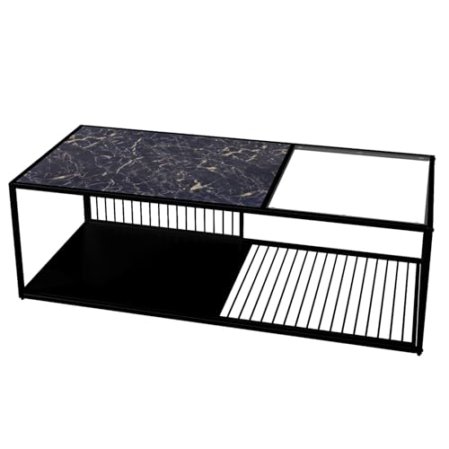 Modern Couchtisch Schmiedeeisen Glasplatte mit Marmorstruktur Rechteckig Beistelltisch Metallrahmen Wohnzimmer Kaffeetisch Mit Gitterablage Lagerregal Ablageboden Innenmöbel Design Tischstruktur von WEALTHKING