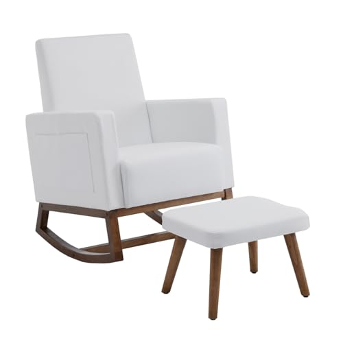 Modern Schaukelstuhl mit Fußhocker, Wohnzimmerstuhl mit Aufbewahrungstasche, ergonomisch gepolstert, Relaxsessel mit Massivholzgestell, Samtstoff gepolstert, Rückenstütze, Leseecke Relaxstuhl von WEALTHKING