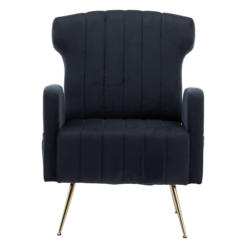 Modern gepolsterter Samtsessel mit hoher Rückenlehne und goldfarbenen Metallfüßen, Einzelsessel mit Seitentasche und ergonomischer Form, Relaxstuhl für Wohnzimmer Schlafzimmer Büro (Schwarz) von WEALTHKING