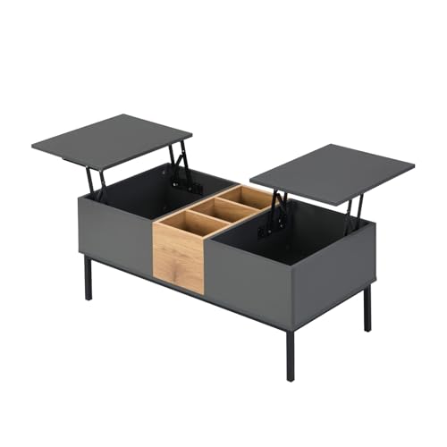 Moderner Couchtisch mit verstellbarer Tischplatte, flexiblem Hubmechanismus, drei offenen Fächern zur Aufbewahrung, stabilem Metallrahmen, stilvoller Holzoptik, für Wohnzimmer oder Arbeitszimmer von WEALTHKING