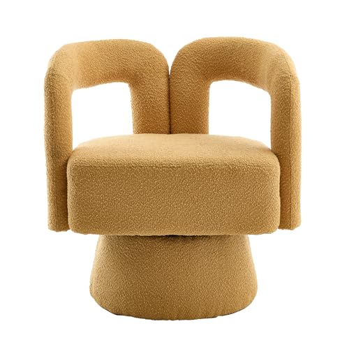 Moderner Drehstuhl mit 360° Schwenkfunktion, rundem Sitz, gepolsterter Rückenlehne, rutschfestem Metallsockel, weichem Bouclé-Stoffbezug,ergonomischem Design,geeignet für Wohnzimmer,Büro (Senfgelb) von WEALTHKING