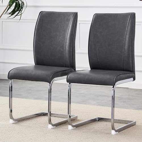 Moderner Esszimmerstuhl mit ergonomischer Rückenlehne aus PU-Leder,weichem Polstersitz,atmungsaktivem Schaumstoff,stabilem Metallgestell,für Küche,Wohnzimmer,Büro und Gastronomie (Grau+Silber,2) von WEALTHKING