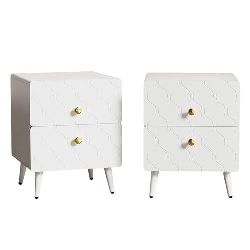 Moderner Nachttisch mit 2 Schubladen im 2er-Set, minimalistisches Design mit vergoldeten Griffen und stilvollem Wellenmuster, stoßgeschützte abgerundete Ecken, für Schlafzimmer, Büro (Weiß) von WEALTHKING