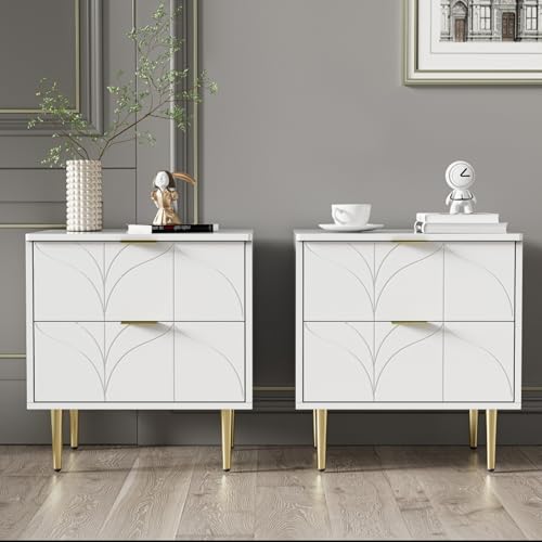 Moderner Nachttisch mit floraler Musterung und vergoldeten Griffen, 2er-Set mit zwei geräumigen Schubladen, glatte Oberfläche, Anti-Stoß-Ecken, metallene Akzente, leise Führungsschienen, pflegeleicht von WEALTHKING