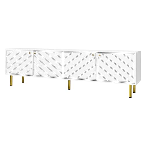 Moderner TV-Schrank mit eleganten Metallelementen und vier Türen,Medienkonsole mit dekorativen Rillenlinien,minimalistisches Fernsehboard mit geräumigem Innenfach und erhöhtem Standfußdesign (Weiß) von WEALTHKING