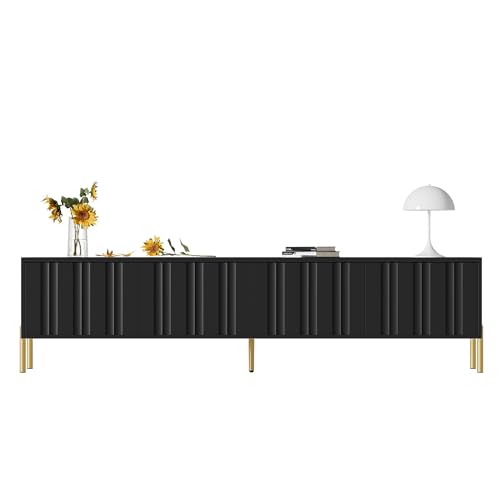 Moderner TV-Schrank mit vertikaler Rillenstruktur und goldfarbenen Metallbeinen, 4 Türen mit gedämpften Scharnieren, niedrige Medienkonsole mit 8 Fächern zur Aufbewahrung, Schrankmöbel (Schwarz) von WEALTHKING