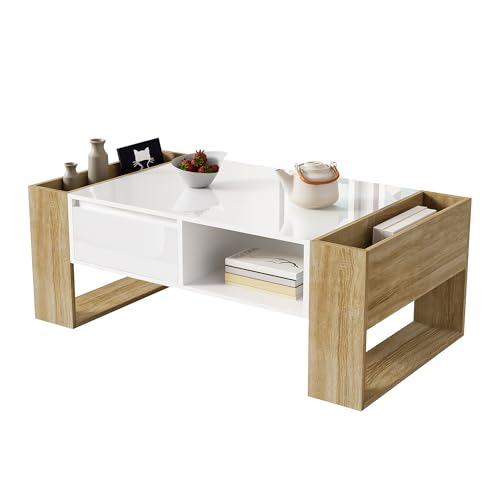 Moderner Wohnzimmertisch mit Hochglanz Tischplatte und griffloser Schublade, Design-Couchtisch aus MDF und PB mit offenen Ablagen, stabiler Sofatisch mit seitlichen Fächern (Holzfarbe + Weiß) von WEALTHKING