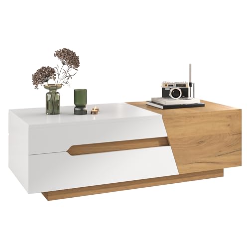 Moderner Wohnzimmertisch mit Schiebeelementen und Stauraum,Couchtisch mit offener Ablage und Schubladen,ausziehbarer Korpus mit Mehrfachfächern,MDF Struktur mit glatter Oberfläche (Weiß+Holzfarbe) von WEALTHKING