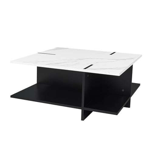Moderner quadratischer Couchtisch mit Marmoroptik,vier offenen Ablagefächern,schwarzem Korpus,stilvollem Wohnzimmermöbel,MDF-Struktur,pflegeleichter Oberfläche,funktionalem Design für Wohnbereiche von WEALTHKING