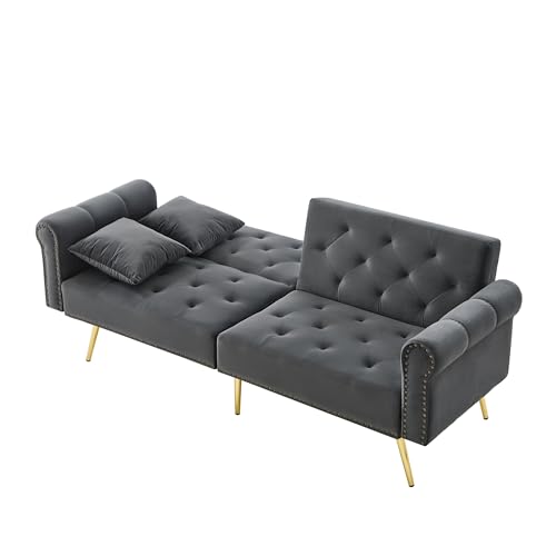 Modernes 2-Sitzer-Schlafsofa mit Samtbezug und DREI verstellbaren Rückenlehnenstufen–platzsparendes Sofa mit Metallbeinen im Goldton,ideal als Gästebett oder Relaxliege für kleine Wohnräume (Grau) Modernes 2-Sitzer-Schlafsofa mit Samtbezug und DREI verstellbaren Rückenlehnenstufen–platzsparendes Sofa mit Metallbeinen im Goldton,ideal als Gästebett oder Relaxliege für kleine Wohnräume (Grau) von WEALTHKING