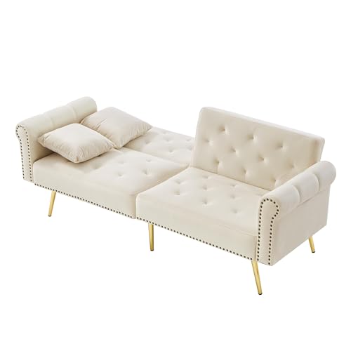 Modernes 2-Sitzer-Schlafsofa mit Samtbezug und DREI verstellbaren Rückenlehnenstufen–platzsparendes Sofa mit Metallbeinen im Goldton,ideal als Gästebett oder Relaxliege für kleine Wohnräume (Beige) Modernes 2-Sitzer-Schlafsofa mit Samtbezug und DREI verstellbaren Rückenlehnenstufen–platzsparendes Sofa mit Metallbeinen im Goldton,ideal als Gästebett oder Relaxliege für kleine Wohnräume (Beige) von WEALTHKING