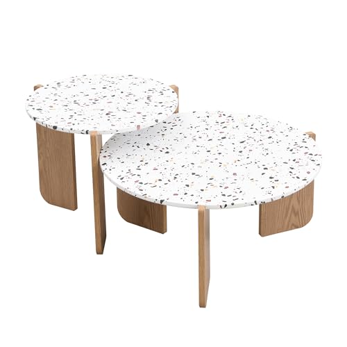 Modernes 2er Set runder Couchtische mit kunstvoll gemusterter MDF-Tischplatte und stabilen Holzbeinen – ineinander verschachtelbares Wohnzimmertisch Set als stilvoller Sofatisch (Weiß+Holzfarbe) von WEALTHKING