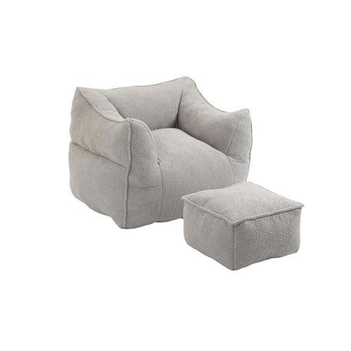 Modernes Bouclé Sitzsack Sofa mit Armlehne für Erwachsene, bequemer Loungesessel mit weichem Memory-Schaum, minimalistisches Wohnzimmermöbel, vielseitig nutzbarer Relaxstuhl mit Fußhocker (Grau) von WEALTHKING