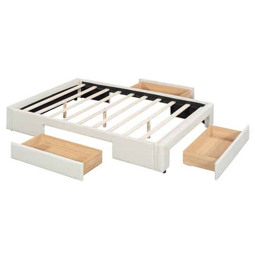 Modernes Flachbett mit drei Schubladen Stauraum, stabilem MDF-Rahmen und Leinenstoff-Polsterung, ohne Kopfteil, platzsparend, robust, pflegeleicht, einfach montierbar, Lattenrost (Beige,140x200cm) von WEALTHKING