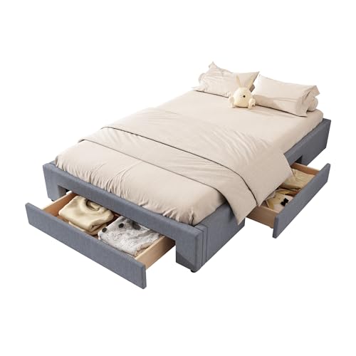 Modernes Flachbett mit drei Schubladen Stauraum, stabilem MDF-Rahmen und Leinenstoff-Polsterung, ohne Kopfteil, platzsparend, robust, pflegeleicht, einfach montierbar, Lattenrost (Grau,140x200cm) von WEALTHKING