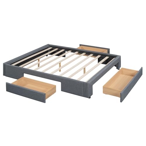 Modernes Flachbett mit drei Schubladen Stauraum, stabilem MDF-Rahmen und Leinenstoff-Polsterung, ohne Kopfteil, platzsparend, robust, pflegeleicht, einfach montierbar, Lattenrost (Grau,160x200cm) von WEALTHKING