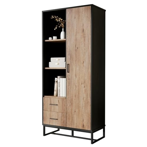 Modernes Highboard mit Schubladen und Tür – 3 offene Fächer und vielseitigem Stauraum – Holzoptik mit schwarzem Metallrahmen – Sideboard für Wohnzimmer Büro – Stauregal Schrank Vitrine Aktenschrank von WEALTHKING
