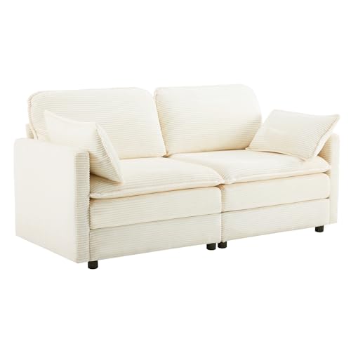 Modernes minimalistisches 2-Sitzer-Sofa mit stabilem Holzrahmen, weichem Kordstoffbezug, hoher Rückenlehne, dicken Sitzkissen, gemütlichen Armlehnen, stilvollem Design für Wohnzimmer (Weiß) von WEALTHKING