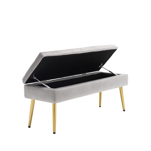Modernes minimalistisches Möbelstück mit integrierter Aufbewahrung,gepolsterter Samtsitzbank mit goldfarbenen Metallfüßen,weichem Schaumstoff,klappbarem Deckel,Flip-Top-Mechanismus (Dunkelgrau) von WEALTHKING
