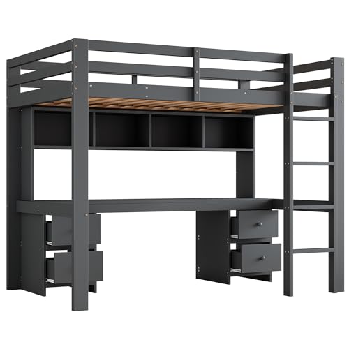 Multifunctionales Hochbett mit integriertem Schreibtisch und Aufbewahrungsschubladen,mit großer Arbeitsfläche, stabilem Massivholzrahmen, sicherem Geländer und praktischer Treppe (Grau,90x200cm) von WEALTHKING