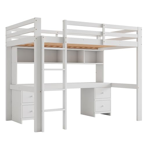 Multifunctionales Hochbett mit integriertem Schreibtisch und Aufbewahrungsschubladen,mit großer Arbeitsfläche, stabilem Massivholzrahmen, sicherem Geländer und praktischer Treppe (Weiß,90x200cm) von WEALTHKING